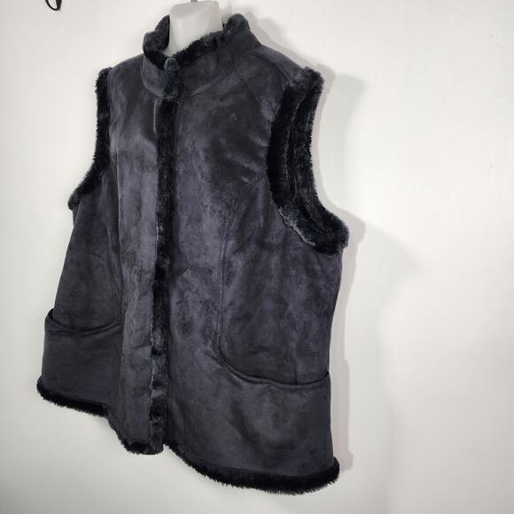 Denim & Co Womens Faux Suede Snap Front Vest Faux Fur Trim Size 1X Black Relaxed - Picture 5 of 10